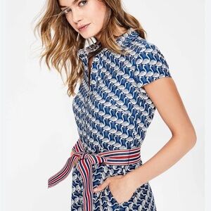 Boden Navy and White Flamingo-Print Short Sleeve Dress